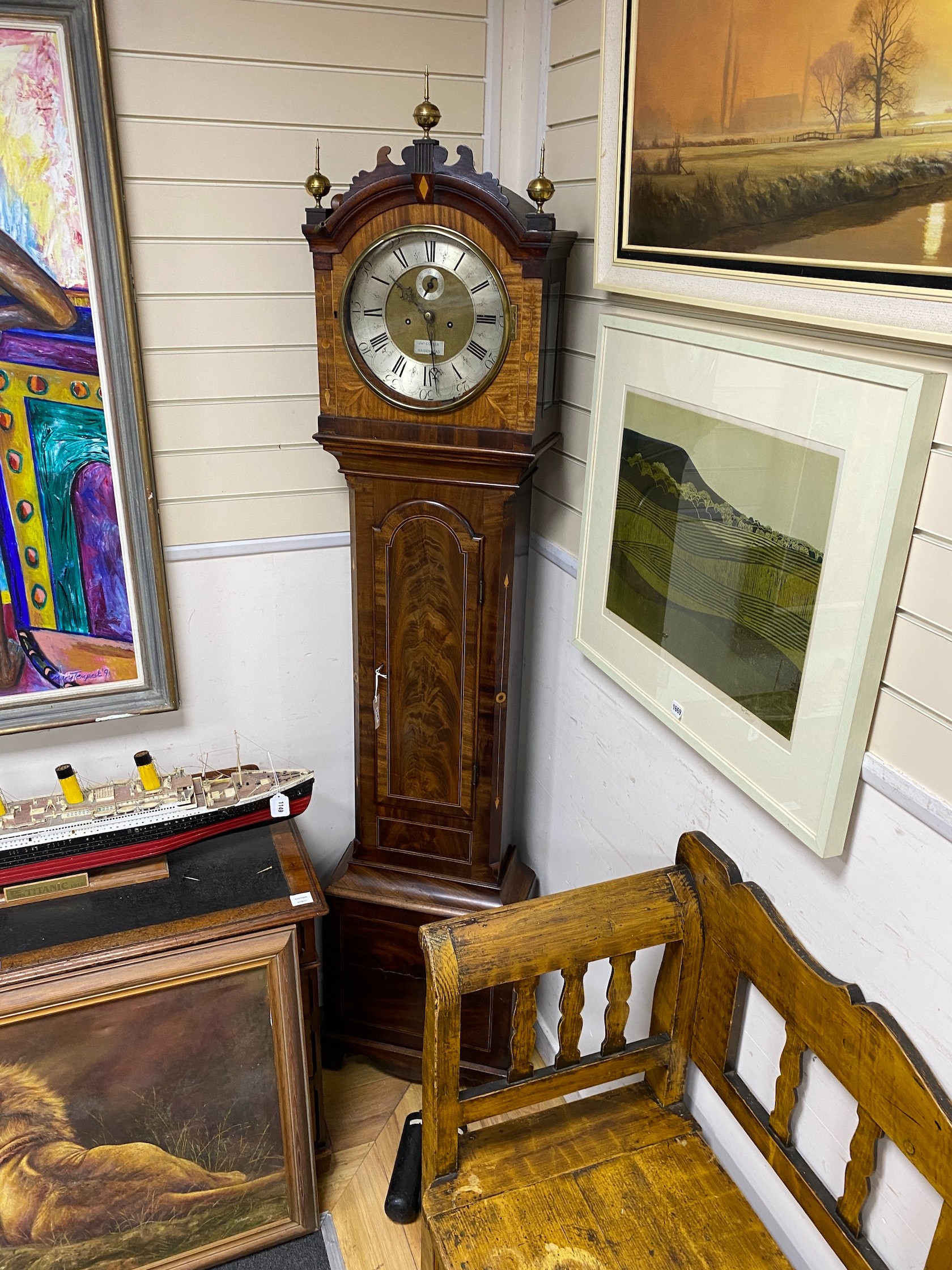 A 19th century flamed mahogany cased 8 day longcase clock, with silver chapter ring and subsidiary dial, marked James Coster, Maidenhead, height 220cm